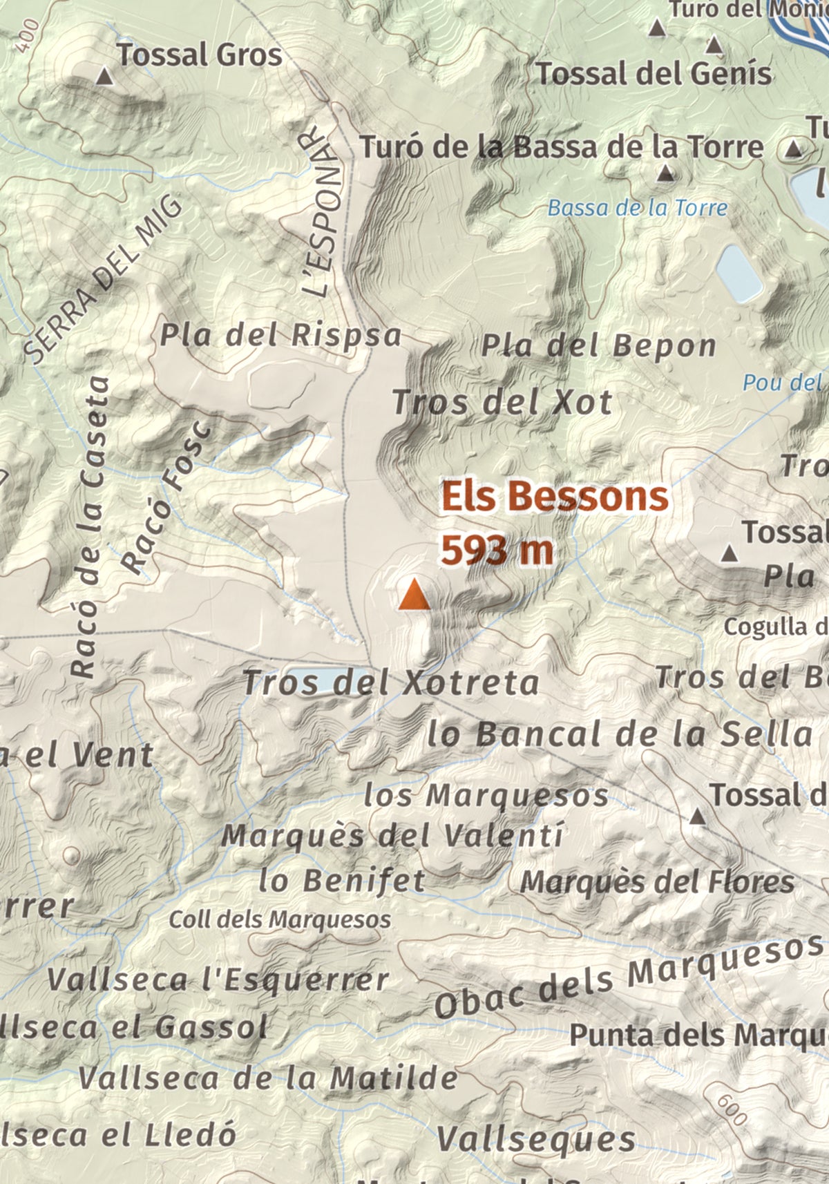 Mapa de relieve de Els Bessons, 593 m, Garrigues, lámina 100 Cims de Trobart. Detalle de la zona central. 21 × 30 cm.