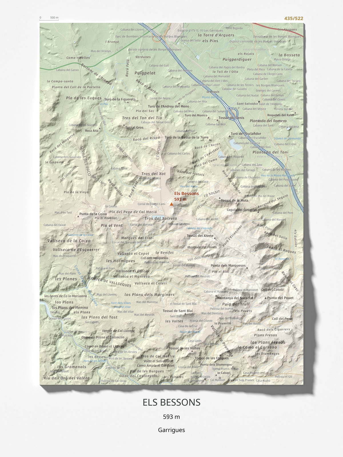 Mapa de relieve de Els Bessons, 593 m, Garrigues, lámina 100 Cims de Trobart 30 × 40 cm.