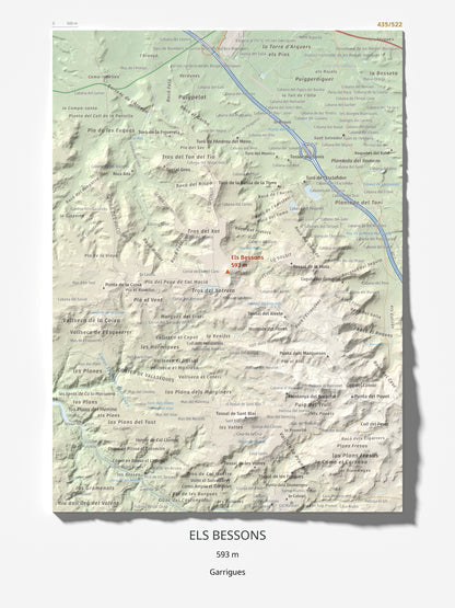 Mapa de relieve de Els Bessons, 593 m, Garrigues, lámina 100 Cims de Trobart 30 × 40 cm.