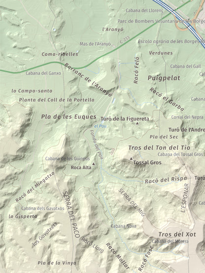 Mapa de relieve de Els Bessons, 593 m, Garrigues, lámina 100 Cims de Trobart. Detalle de la zona superior izquierda. 30 × 40 cm.