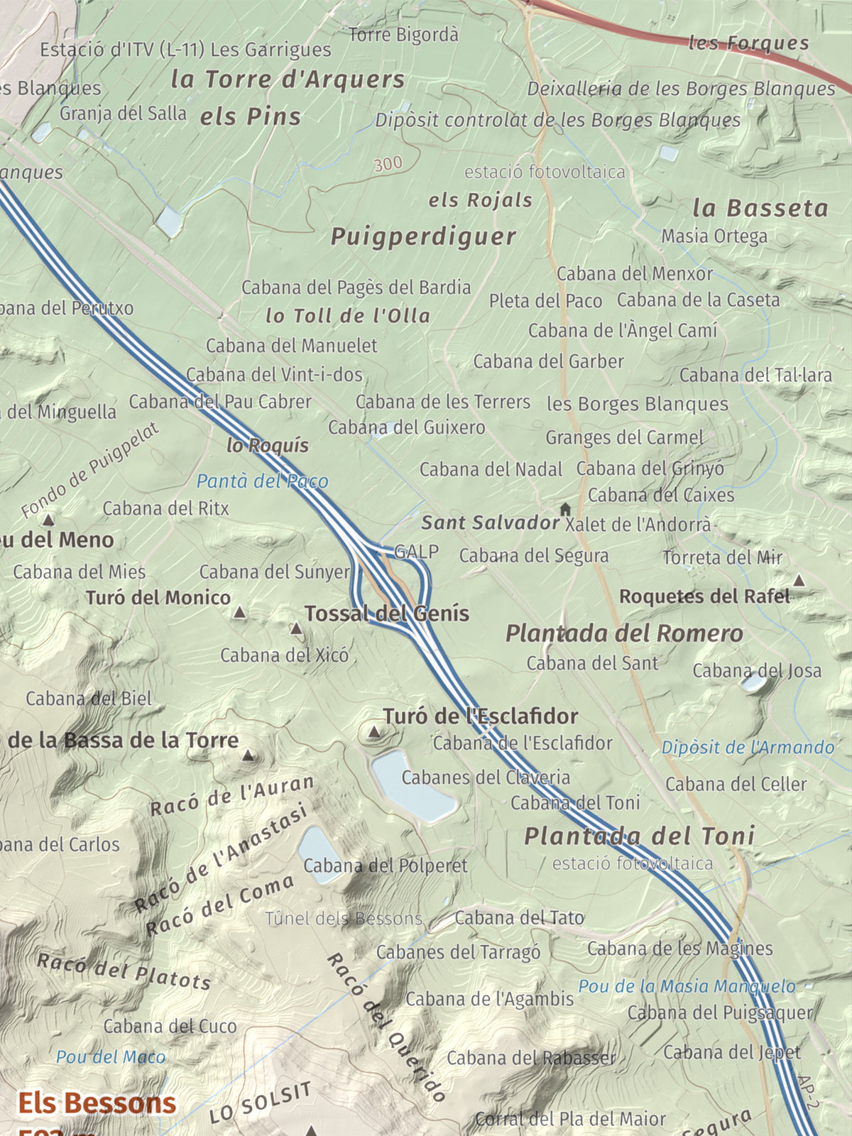Mapa de relieve de Els Bessons, 593 m, Garrigues, lámina 100 Cims de Trobart. Detalle de la zona superior derecha. 30 × 40 cm.