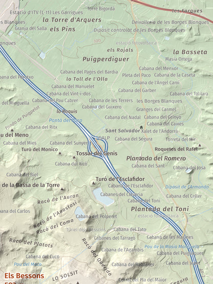 Mapa de relieve de Els Bessons, 593 m, Garrigues, lámina 100 Cims de Trobart. Detalle de la zona superior derecha. 30 × 40 cm.