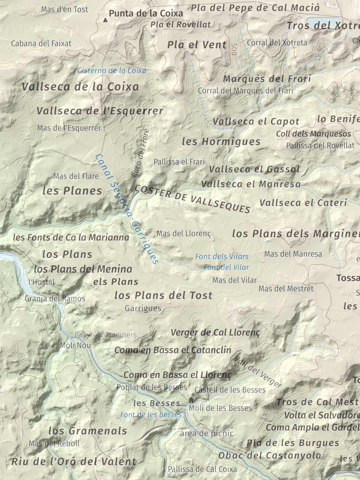 Mapa de relieve de Els Bessons, 593 m, Garrigues, lámina 100 Cims de Trobart. Detalle de la zona inferior izquierda. 30 × 40 cm.