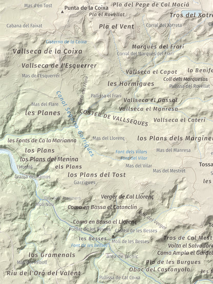 Mapa de relieve de Els Bessons, 593 m, Garrigues, lámina 100 Cims de Trobart. Detalle de la zona inferior izquierda. 30 × 40 cm.