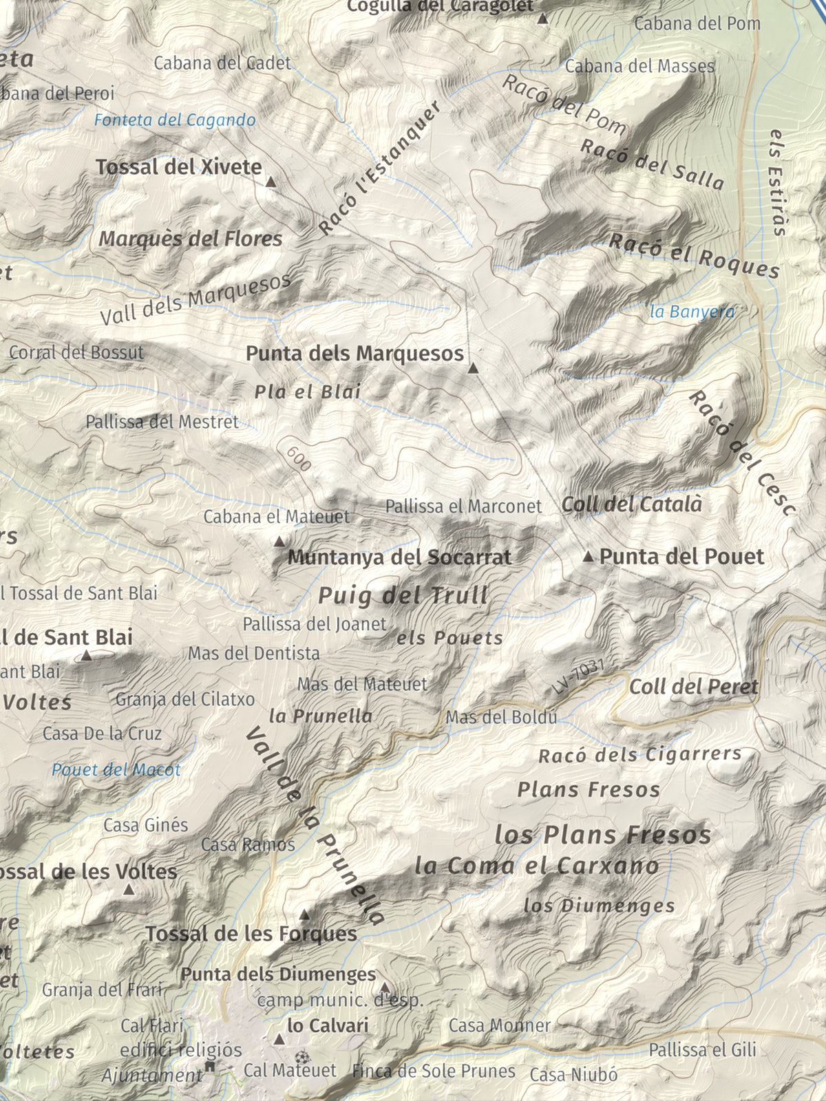 Mapa de relieve de Els Bessons, 593 m, Garrigues, lámina 100 Cims de Trobart. Detalle de la zona inferior derecha. 30 × 40 cm.