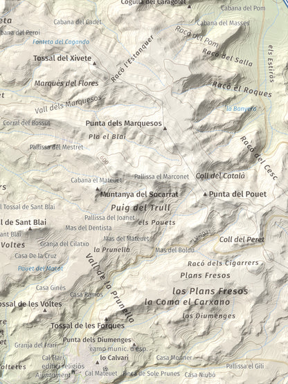 Mapa de relieve de Els Bessons, 593 m, Garrigues, lámina 100 Cims de Trobart. Detalle de la zona inferior derecha. 30 × 40 cm.