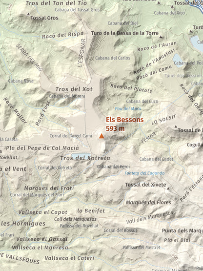 Mapa de relieve de Els Bessons, 593 m, Garrigues, lámina 100 Cims de Trobart. Detalle de la zona central. 30 × 40 cm.