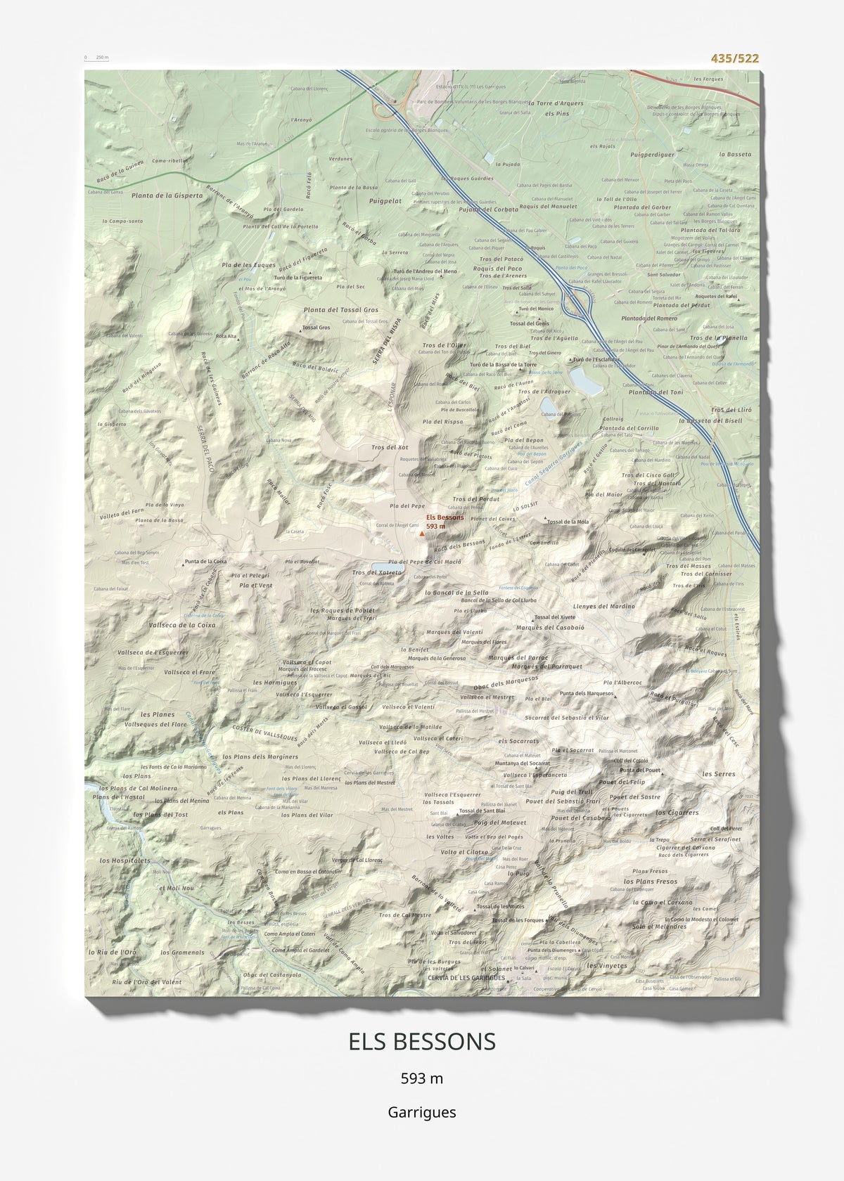 Mapa de relieve de Els Bessons, 593 m, Garrigues, lámina 100 Cims de Trobart 50 × 70 cm.