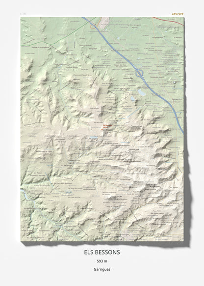Mapa de relieve de Els Bessons, 593 m, Garrigues, lámina 100 Cims de Trobart 50 × 70 cm.