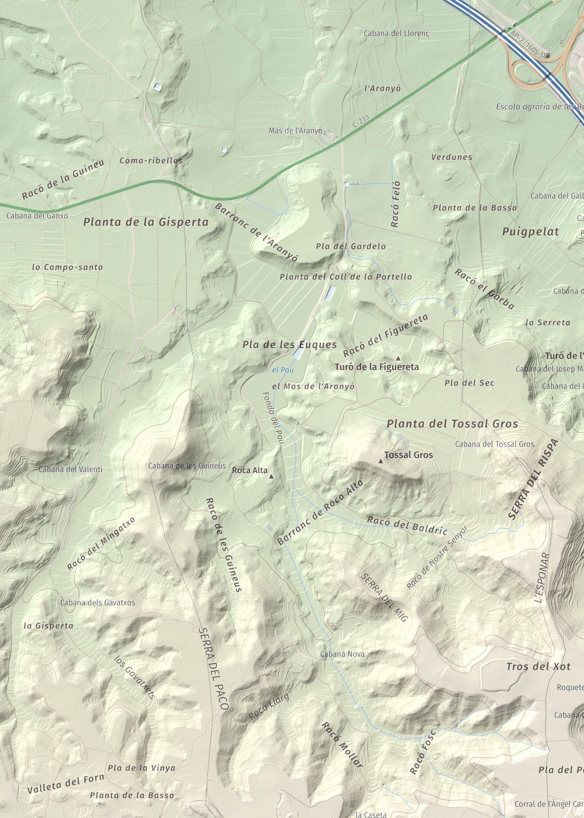 Mapa de relieve de Els Bessons, 593 m, Garrigues, lámina 100 Cims de Trobart. Detalle de la zona superior izquierda. 50 × 70 cm.