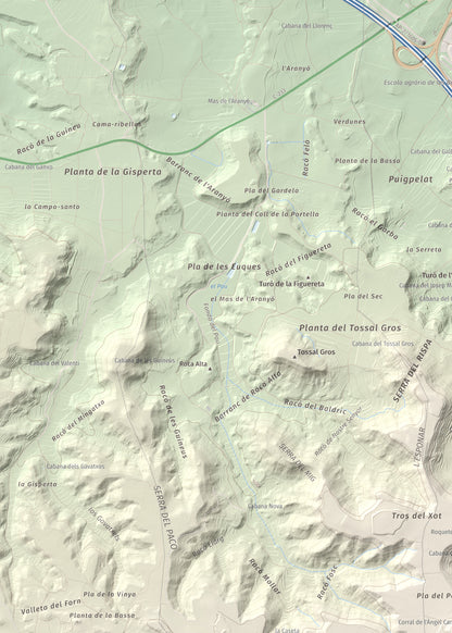 Mapa de relieve de Els Bessons, 593 m, Garrigues, lámina 100 Cims de Trobart. Detalle de la zona superior izquierda. 50 × 70 cm.