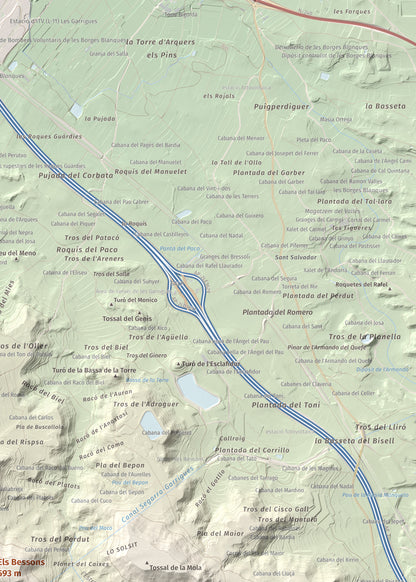 Mapa de relieve de Els Bessons, 593 m, Garrigues, lámina 100 Cims de Trobart. Detalle de la zona superior derecha. 50 × 70 cm.