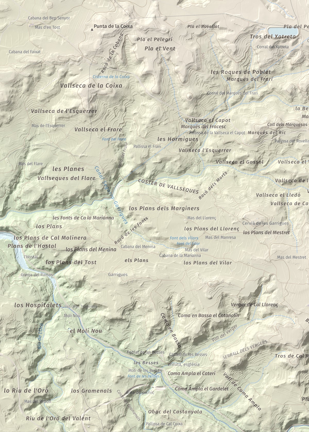 Mapa de relieve de Els Bessons, 593 m, Garrigues, lámina 100 Cims de Trobart. Detalle de la zona inferior izquierda. 50 × 70 cm.