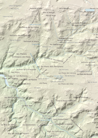 Mapa de relieve de Els Bessons, 593 m, Garrigues, lámina 100 Cims de Trobart. Detalle de la zona inferior izquierda. 50 × 70 cm.