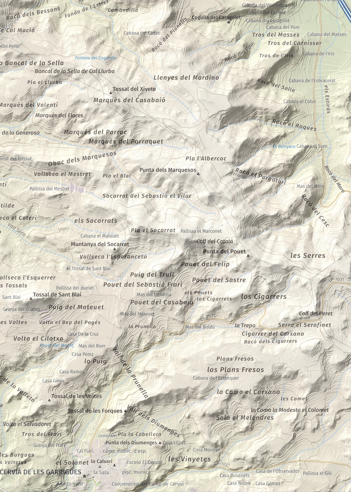 Mapa de relieve de Els Bessons, 593 m, Garrigues, lámina 100 Cims de Trobart. Detalle de la zona inferior derecha. 50 × 70 cm.