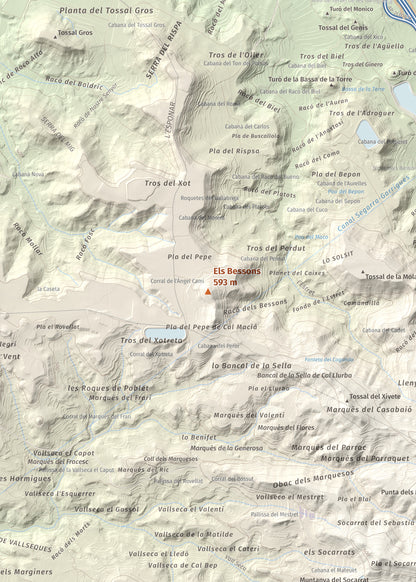 Mapa de relieve de Els Bessons, 593 m, Garrigues, lámina 100 Cims de Trobart. Detalle de la zona central. 50 × 70 cm.