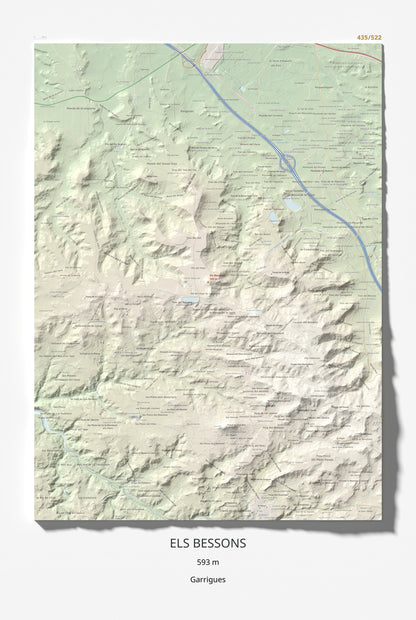Mapa de relieve de Els Bessons, 593 m, Garrigues, lámina 100 Cims de Trobart 61 × 91 cm.