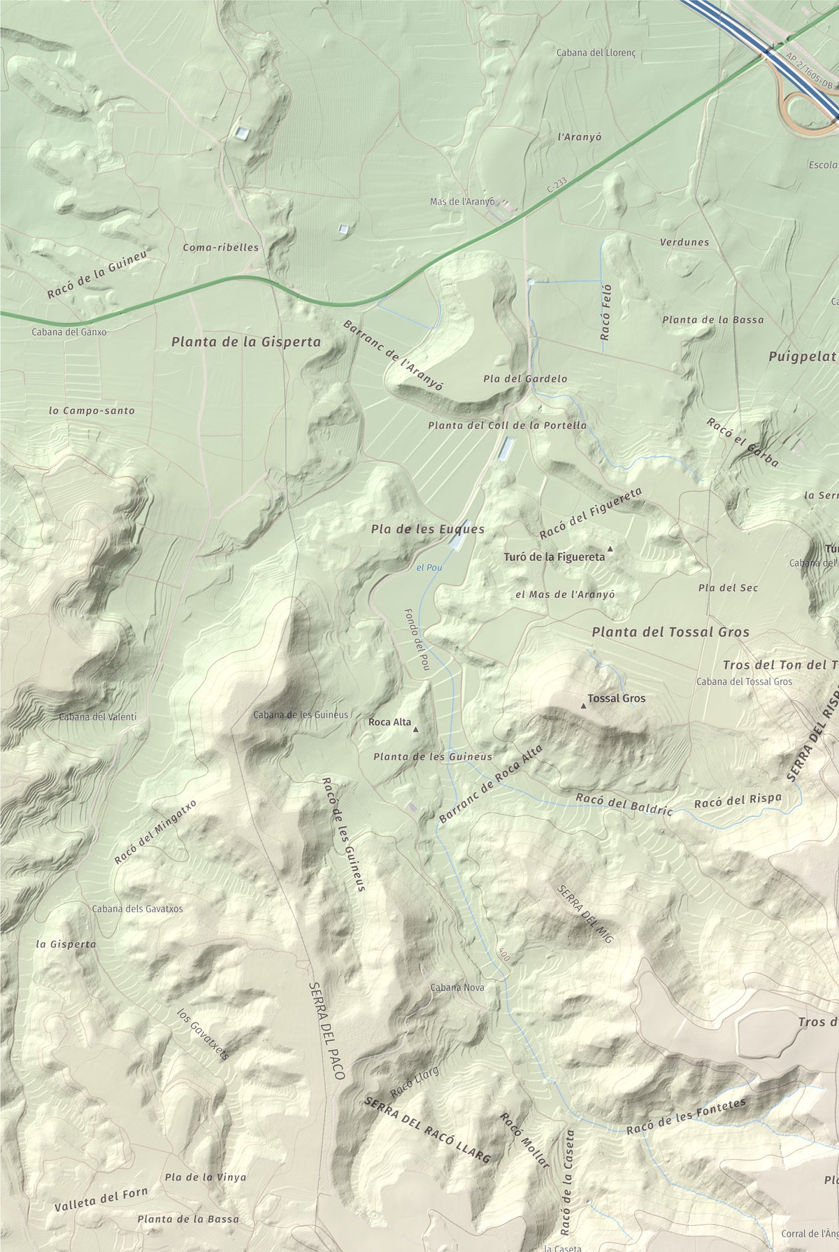 Mapa de relieve de Els Bessons, 593 m, Garrigues, lámina 100 Cims de Trobart. Detalle de la zona superior izquierda. 61 × 91 cm.