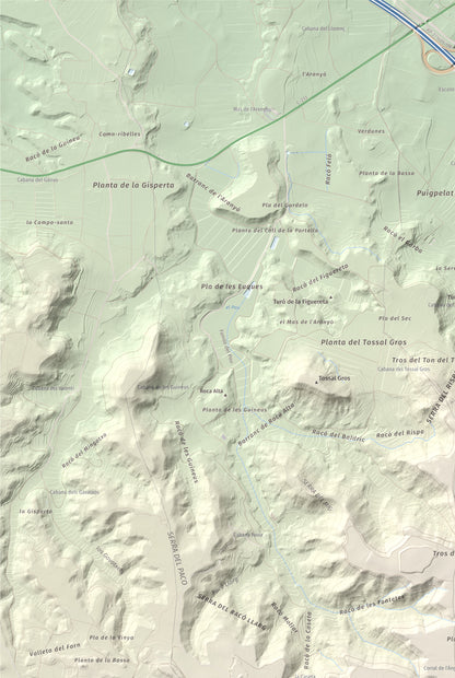 Mapa de relieve de Els Bessons, 593 m, Garrigues, lámina 100 Cims de Trobart. Detalle de la zona superior izquierda. 61 × 91 cm.
