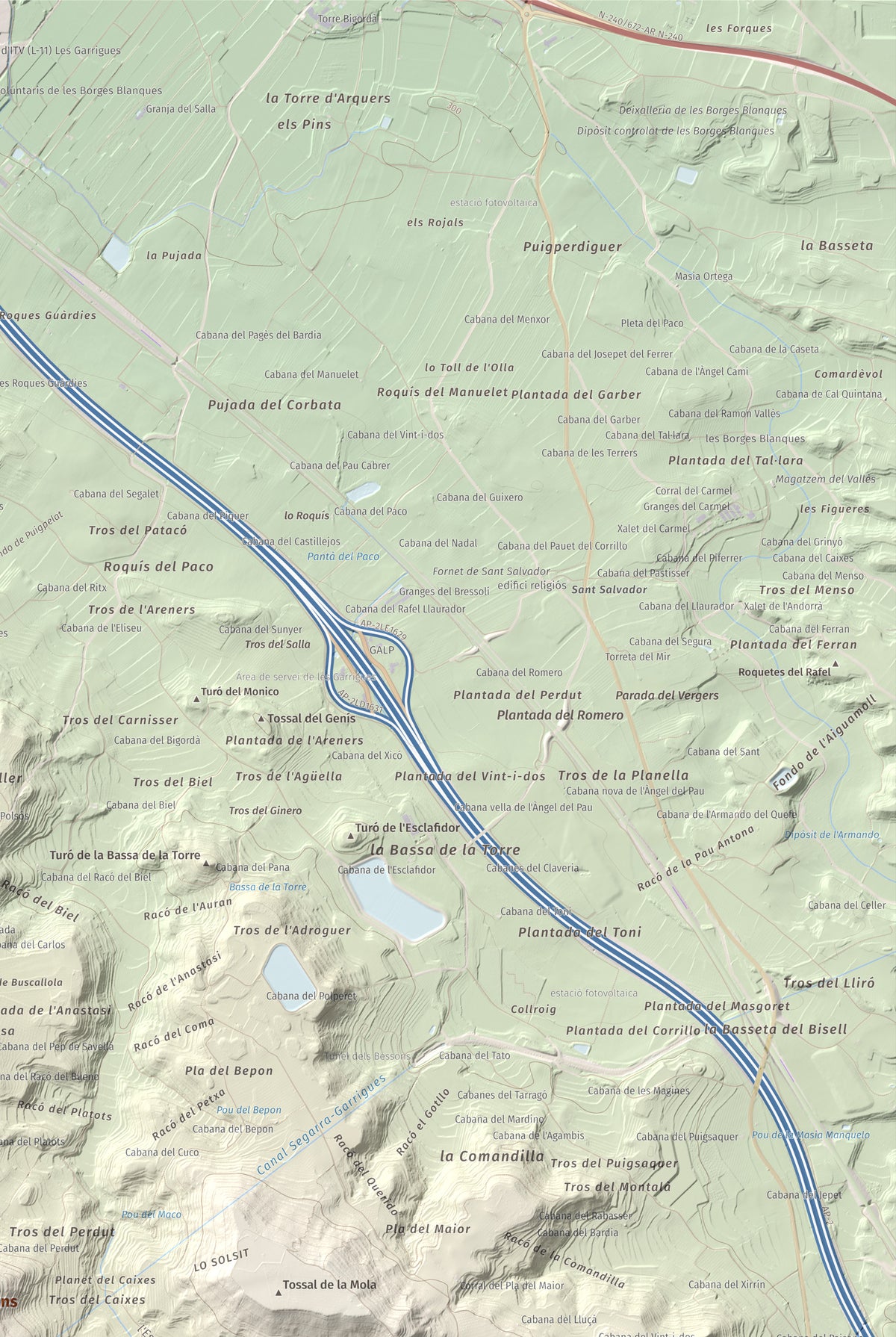 Mapa de relieve de Els Bessons, 593 m, Garrigues, lámina 100 Cims de Trobart. Detalle de la zona superior derecha. 61 × 91 cm.