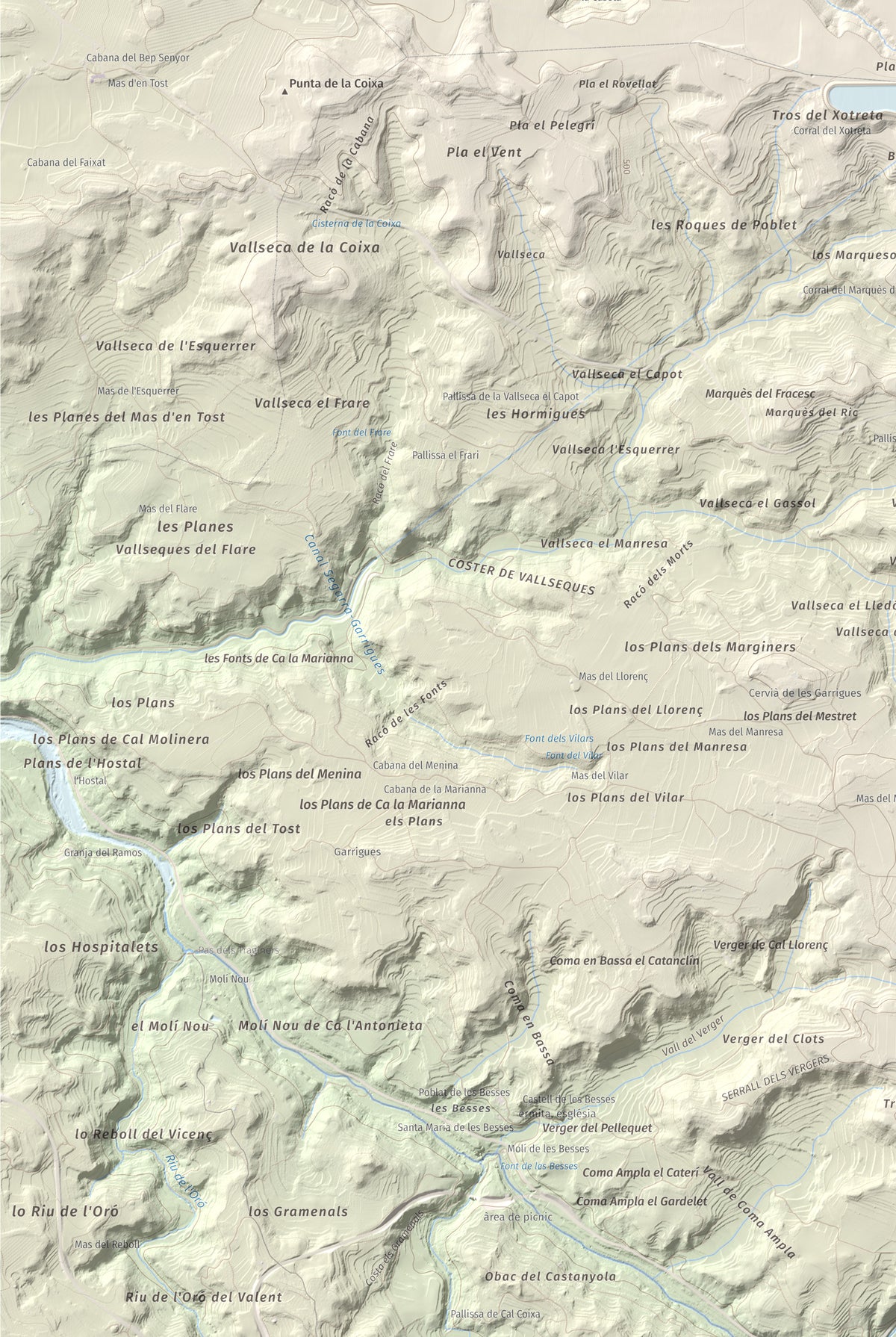 Mapa de relieve de Els Bessons, 593 m, Garrigues, lámina 100 Cims de Trobart. Detalle de la zona inferior izquierda. 61 × 91 cm.