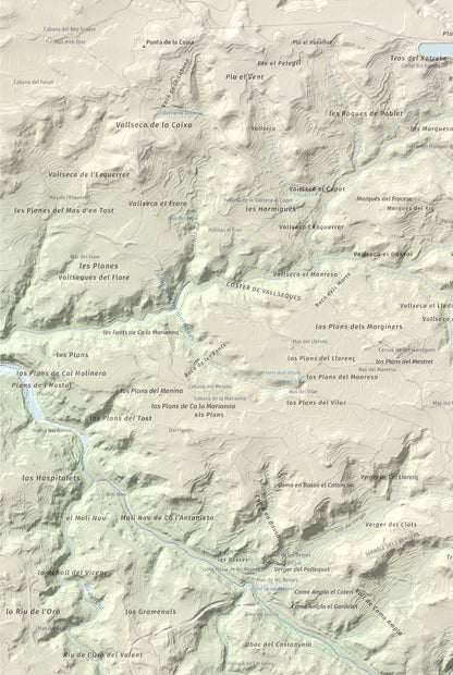 Mapa de relieve de Els Bessons, 593 m, Garrigues, lámina 100 Cims de Trobart. Detalle de la zona inferior izquierda. 61 × 91 cm.