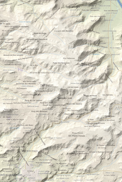 Mapa de relieve de Els Bessons, 593 m, Garrigues, lámina 100 Cims de Trobart. Detalle de la zona inferior derecha. 61 × 91 cm.