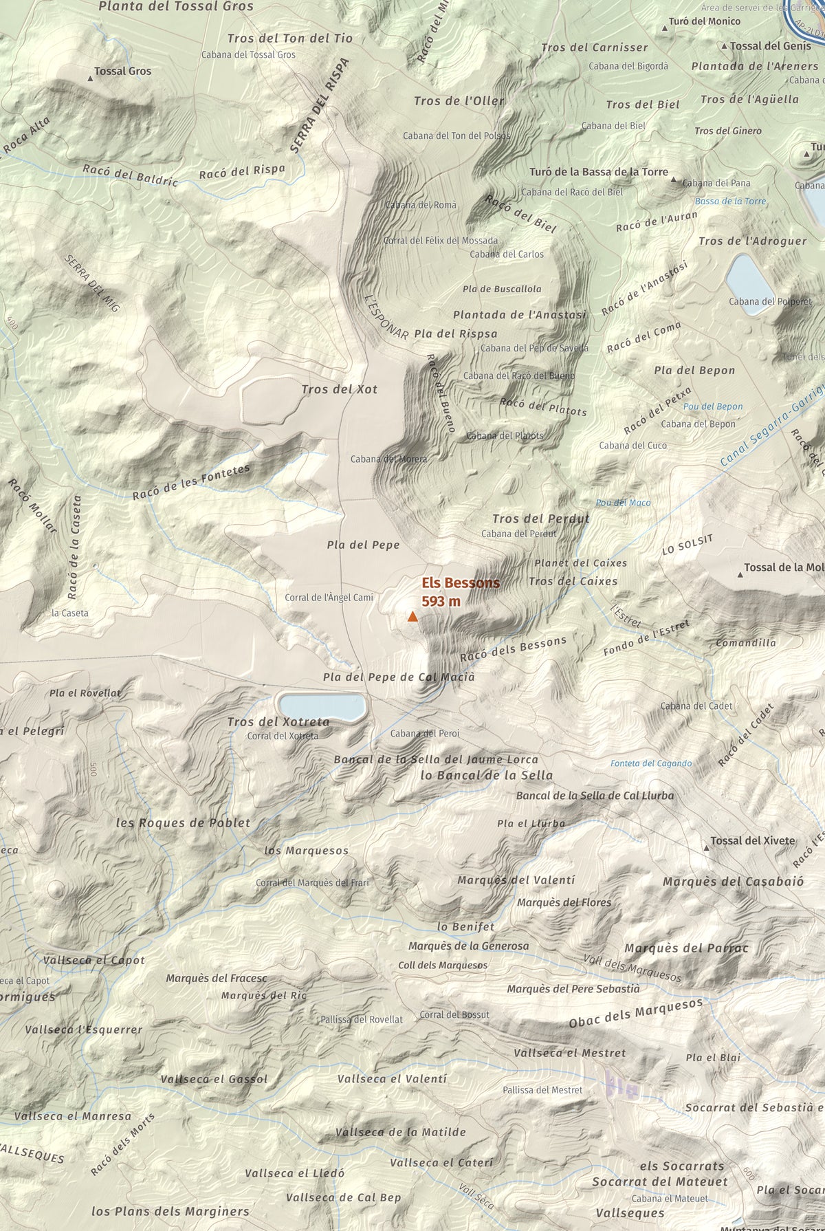 Mapa de relieve de Els Bessons, 593 m, Garrigues, lámina 100 Cims de Trobart. Detalle de la zona central. 61 × 91 cm.
