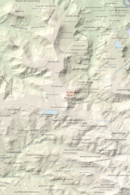 Mapa de relieve de Els Bessons, 593 m, Garrigues, lámina 100 Cims de Trobart. Detalle de la zona central. 61 × 91 cm.