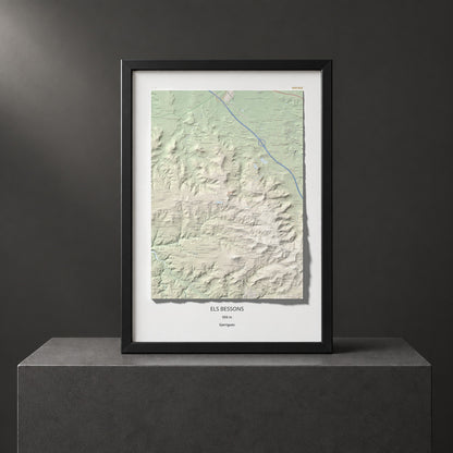 Mapa de relieve de Els Bessons, 593 m, Garrigues, lámina 100 Cims de Trobart. Presentación enmarcada. 70 × 100 cm.