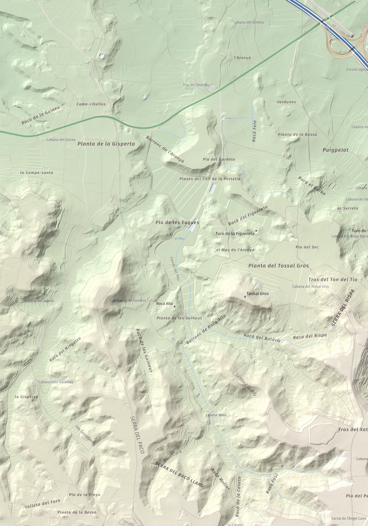Mapa de relieve de Els Bessons, 593 m, Garrigues, lámina 100 Cims de Trobart. Detalle de la zona superior izquierda. 70 × 100 cm.