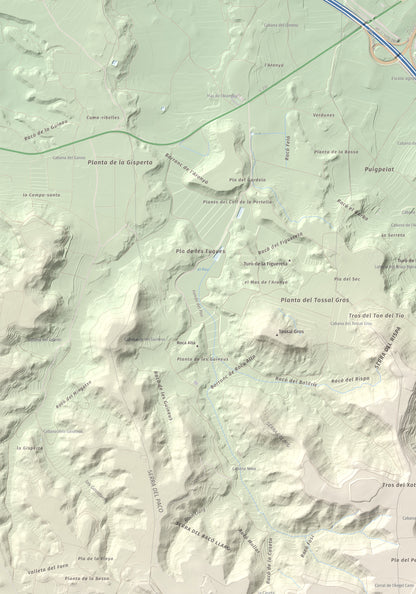 Mapa de relieve de Els Bessons, 593 m, Garrigues, lámina 100 Cims de Trobart. Detalle de la zona superior izquierda. 70 × 100 cm.