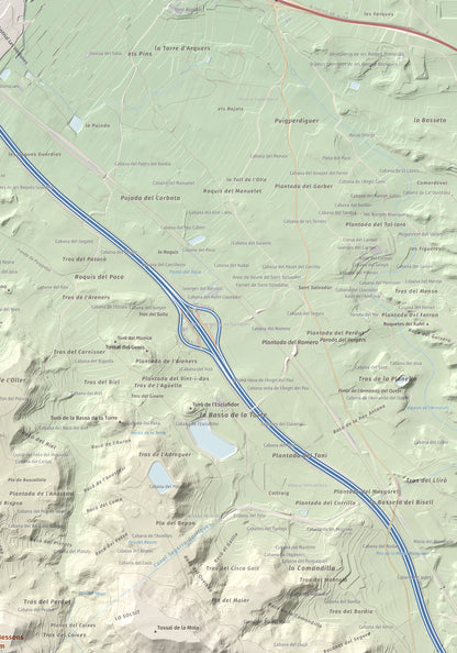 Mapa de relieve de Els Bessons, 593 m, Garrigues, lámina 100 Cims de Trobart. Detalle de la zona superior derecha. 70 × 100 cm.