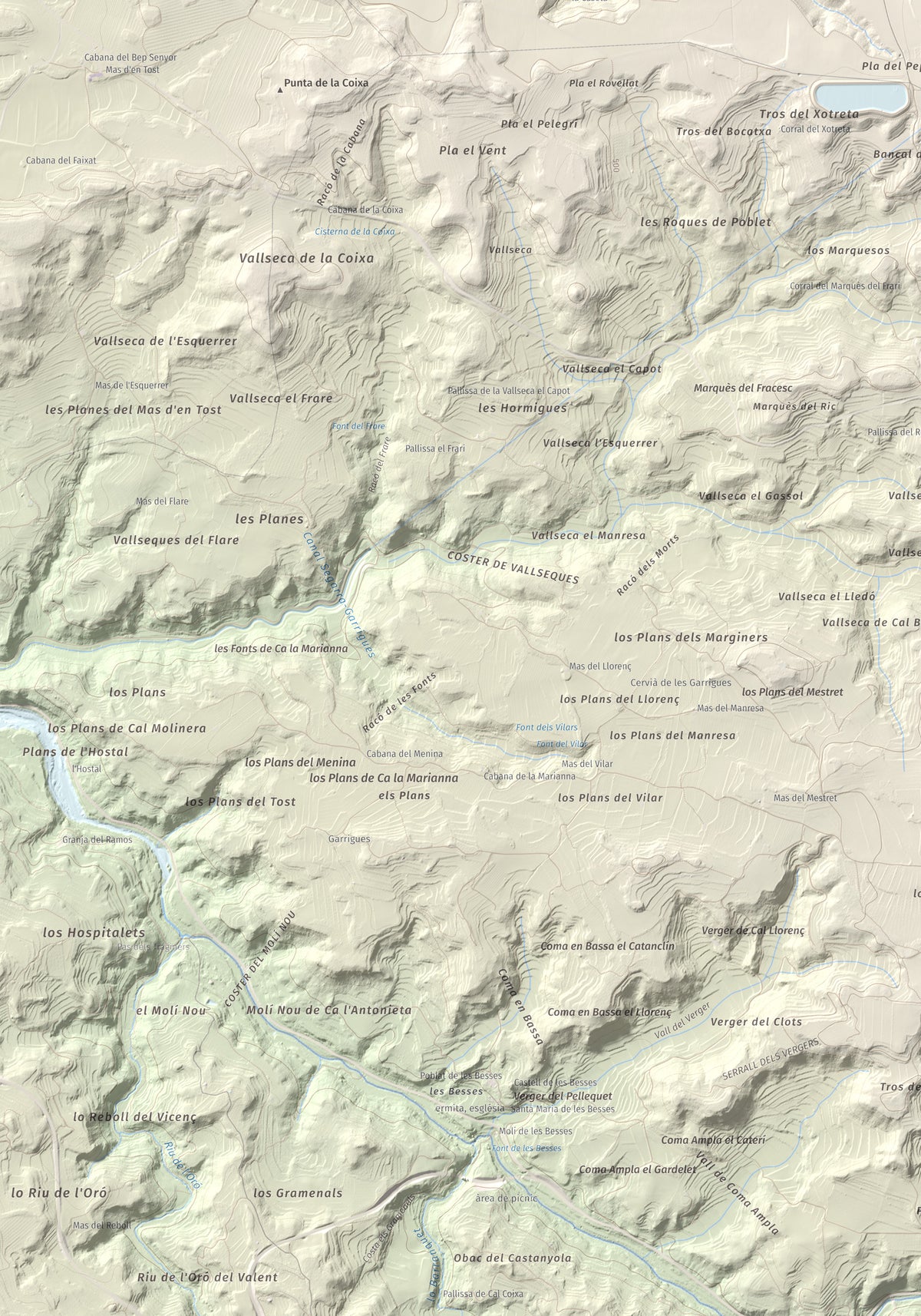 Mapa de relieve de Els Bessons, 593 m, Garrigues, lámina 100 Cims de Trobart. Detalle de la zona inferior izquierda. 70 × 100 cm.