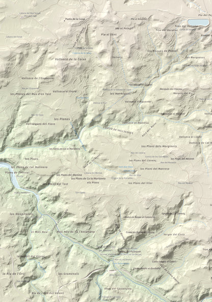 Mapa de relieve de Els Bessons, 593 m, Garrigues, lámina 100 Cims de Trobart. Detalle de la zona inferior izquierda. 70 × 100 cm.