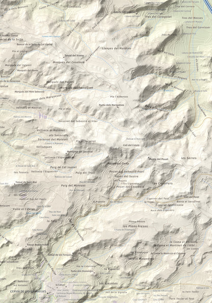 Mapa de relieve de Els Bessons, 593 m, Garrigues, lámina 100 Cims de Trobart. Detalle de la zona inferior derecha. 70 × 100 cm.
