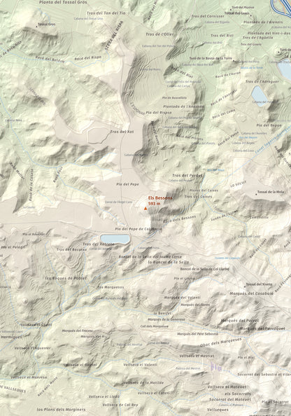 Mapa de relieve de Els Bessons, 593 m, Garrigues, lámina 100 Cims de Trobart. Detalle de la zona central. 70 × 100 cm.