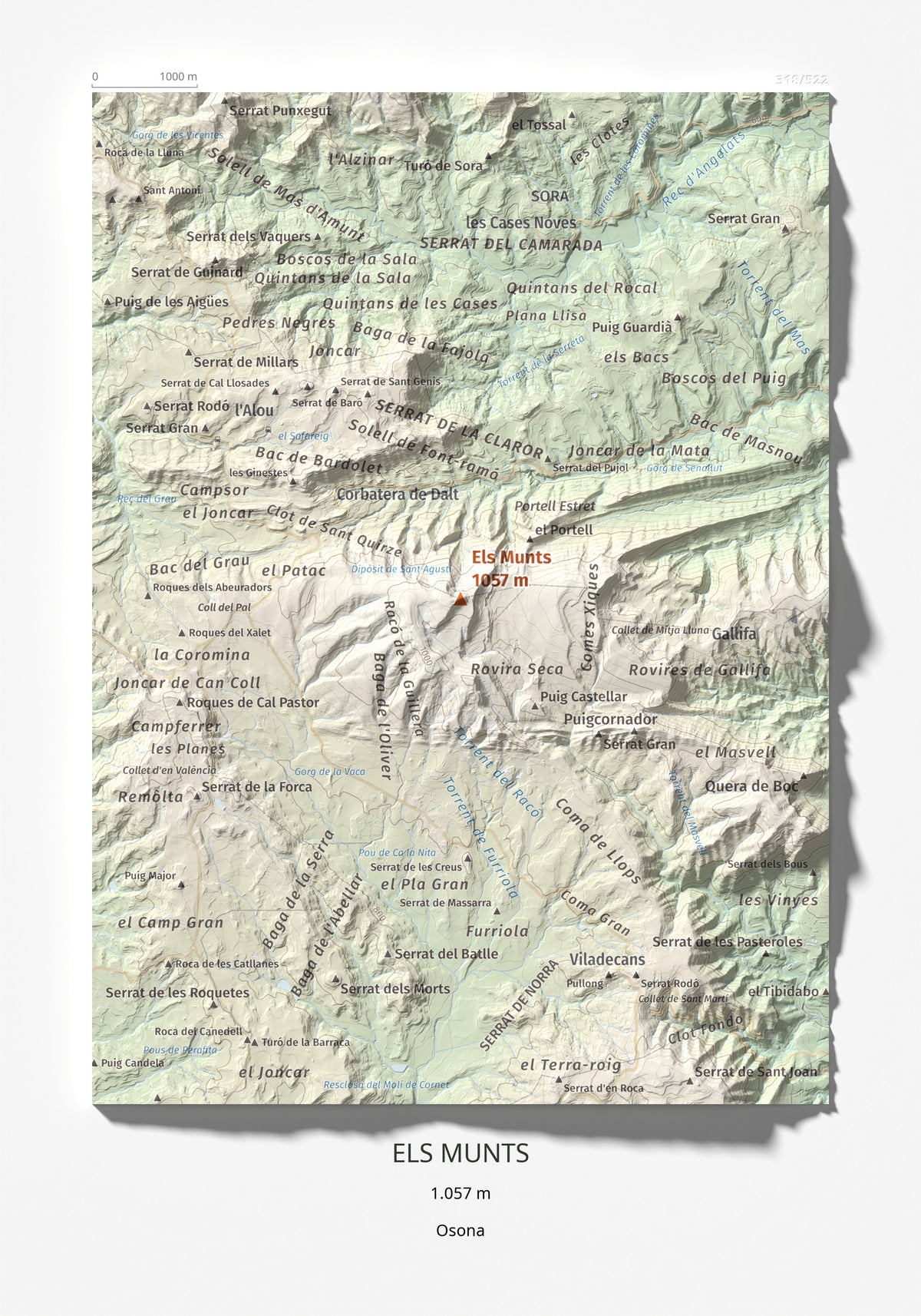 Mapa de relieve de Els Munts, 1057 m, Osona, lámina 100 Cims de Trobart 21 × 30 cm.