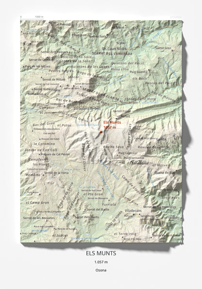 Mapa de relieve de Els Munts, 1057 m, Osona, lámina 100 Cims de Trobart 21 × 30 cm.
