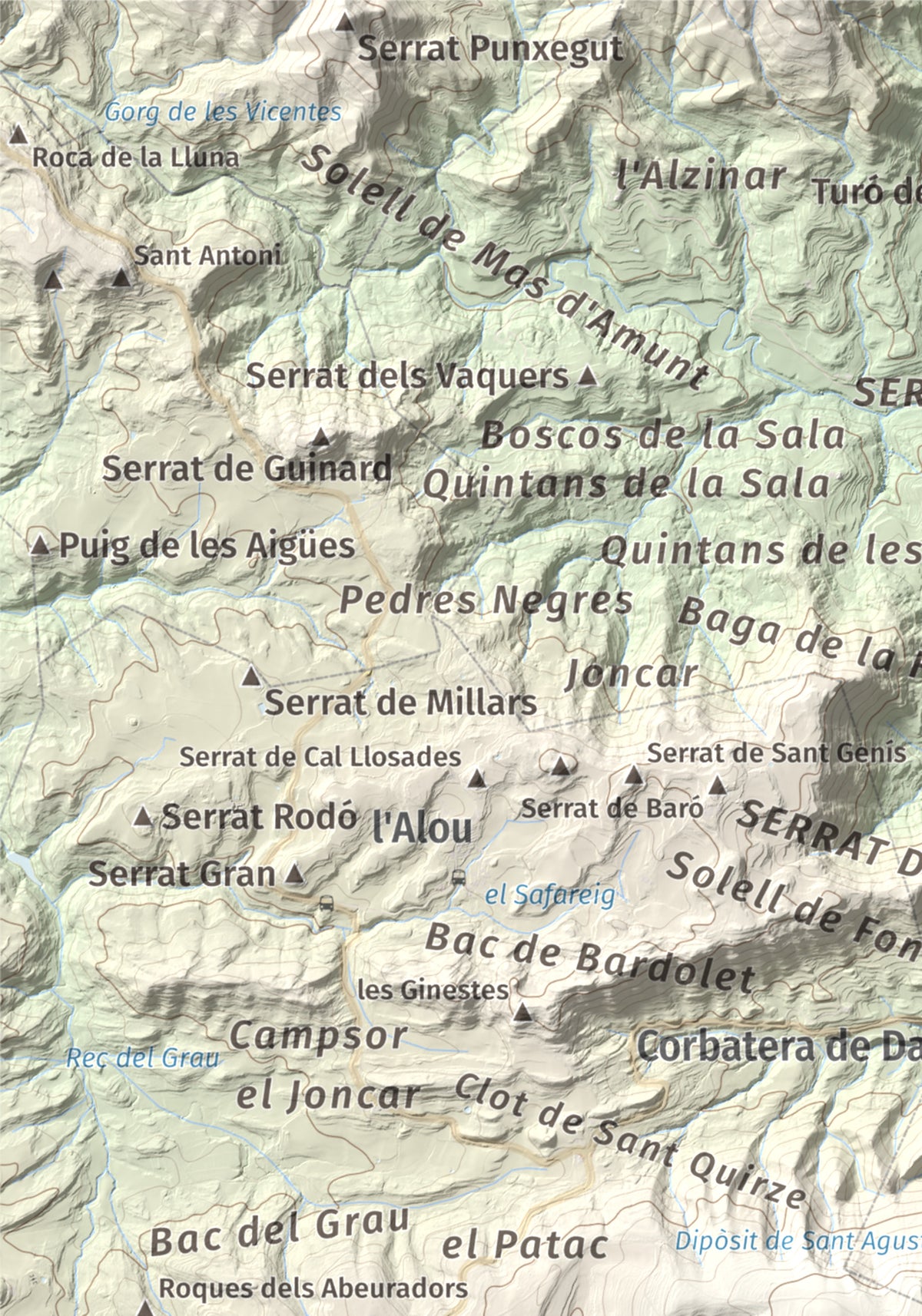 Mapa de relieve de Els Munts, 1057 m, Osona, lámina 100 Cims de Trobart. Detalle de la zona superior izquierda. 21 × 30 cm.