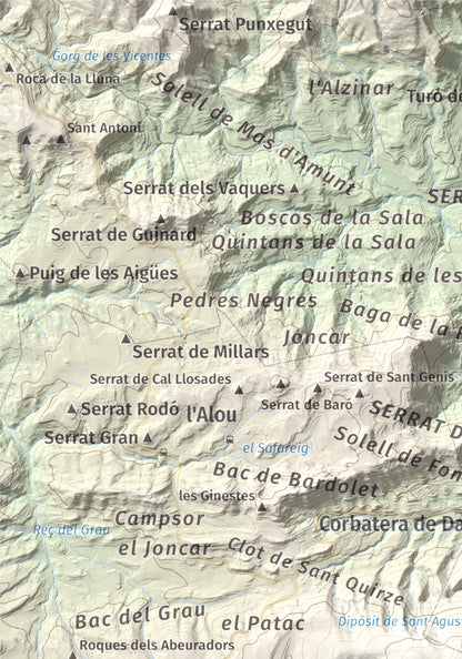 Mapa de relieve de Els Munts, 1057 m, Osona, lámina 100 Cims de Trobart. Detalle de la zona superior izquierda. 21 × 30 cm.