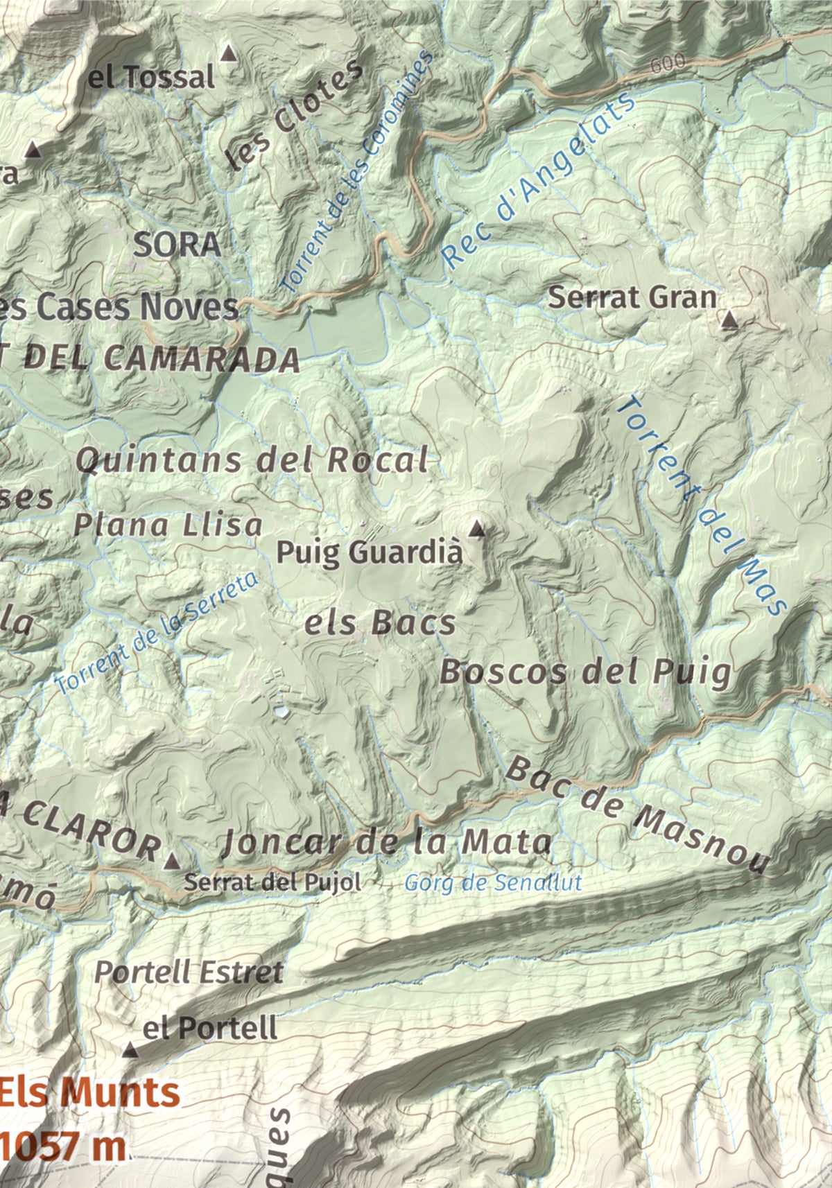 Mapa de relieve de Els Munts, 1057 m, Osona, lámina 100 Cims de Trobart. Detalle de la zona superior derecha. 21 × 30 cm.