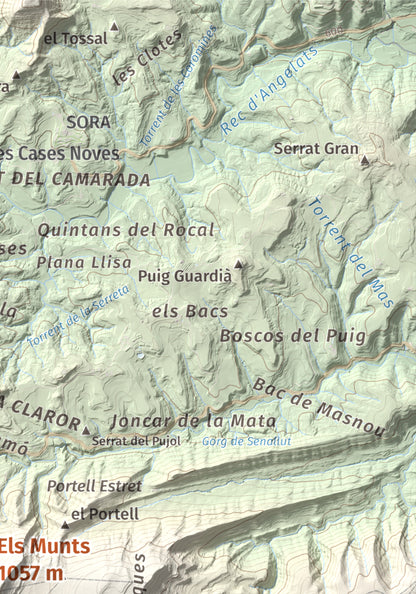 Mapa de relieve de Els Munts, 1057 m, Osona, lámina 100 Cims de Trobart. Detalle de la zona superior derecha. 21 × 30 cm.