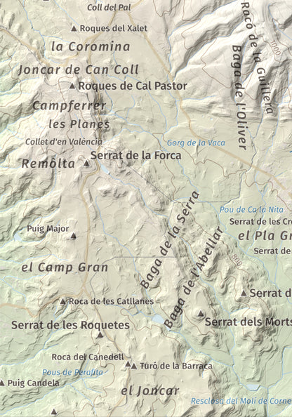Mapa de relieve de Els Munts, 1057 m, Osona, lámina 100 Cims de Trobart. Detalle de la zona inferior izquierda. 21 × 30 cm.