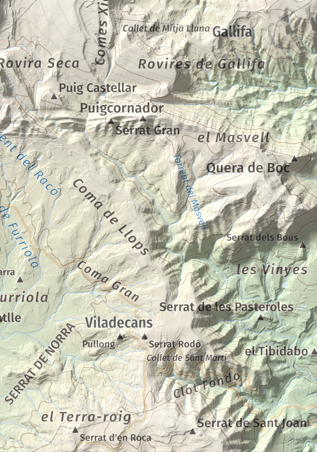 Mapa de relieve de Els Munts, 1057 m, Osona, lámina 100 Cims de Trobart. Detalle de la zona inferior derecha. 21 × 30 cm.