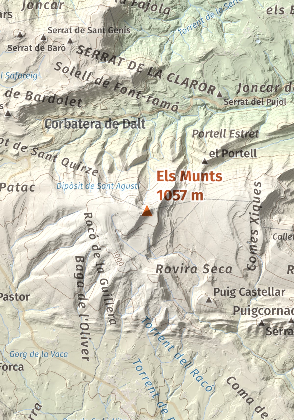 Mapa de relieve de Els Munts, 1057 m, Osona, lámina 100 Cims de Trobart. Detalle de la zona central. 21 × 30 cm.