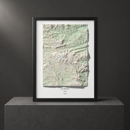 Mapa de relieve de Els Munts, 1057 m, Osona, lámina 100 Cims de Trobart. Presentación enmarcada. 30 × 40 cm.