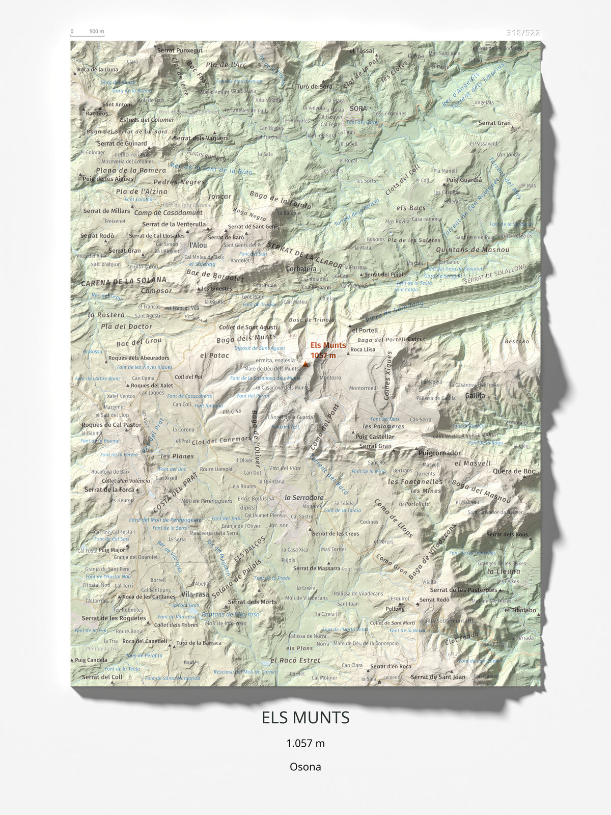 Mapa de relieve de Els Munts, 1057 m, Osona, lámina 100 Cims de Trobart 30 × 40 cm.