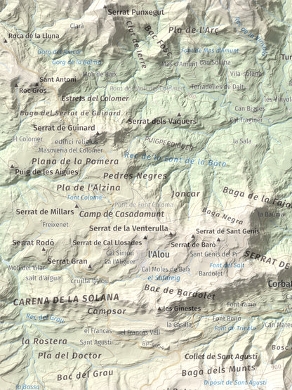 Mapa de relieve de Els Munts, 1057 m, Osona, lámina 100 Cims de Trobart. Detalle de la zona superior izquierda. 30 × 40 cm.