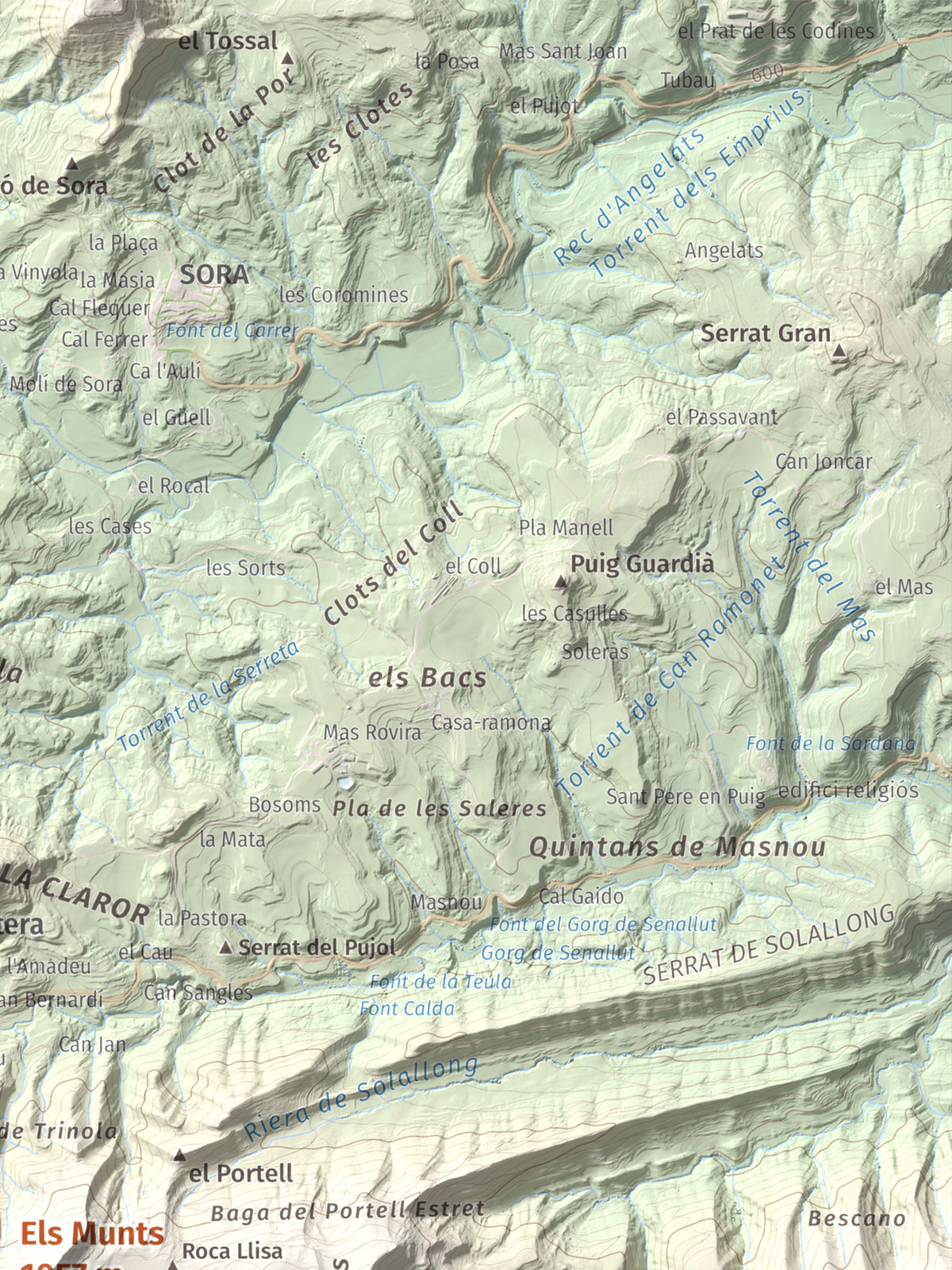 Mapa de relieve de Els Munts, 1057 m, Osona, lámina 100 Cims de Trobart. Detalle de la zona superior derecha. 30 × 40 cm.